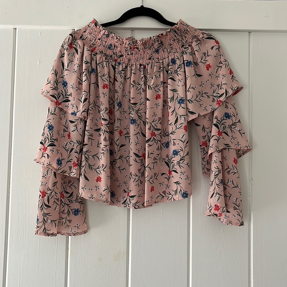 Light pink floral off the shoulder shirt